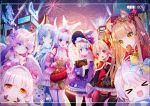  &gt;_&lt; 6+girls :d aerial_fireworks ahoge animal_ear_fluff animal_ears bell black_dress black_legwear blue_eyes blue_hair bow breasts brown_eyes building bun_cover bunny_ears cloak closed_mouth commentary_request demon_horns demon_tail detached_sleeves double_bun dress fang feathered_wings fireworks food_in_mouth fur-trimmed_cloak fur-trimmed_sleeves fur_trim hair_bow hair_ornament halo hand_holding hat heart heart-shaped_pupils highres horn horns jingle_bell light_brown_hair long_sleeves mouth_hold multiple_girls mvv night night_sky off-shoulder_dress off_shoulder open_mouth original pink_dress pink_hair pink_sleeves purple_bow purple_dress purple_eyes purple_sleeves red_cloak red_eyes sheep sky skyscraper sleeves_past_wrists small_breasts smile star star-shaped_pupils symbol-shaped_pupils tail thighhighs white_hair white_legwear white_wings wide_sleeves wings witch_hat xd yellow_eyes 