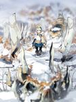  akitsu_taira belt blonde_hair blue_eyes blurry boots cape depth_of_field dragon fantasy izumi_luna_(akitsu_taira) knee_boots original pantyhose snow solo 