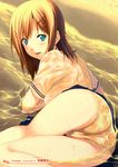  absurdres andou_tomoya aqua_eyes ass beach blush bra cameltoe copyright_request hair_ornament hairclip highres light_brown_hair open_mouth panties school_uniform see-through skirt skirt_lift solo underwear water wet wet_clothes 