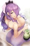  1girl ass bare_shoulders bow breasts camilla_(fire_emblem_if) cleavage dress eyebrows_visible_through_hair fire_emblem fire_emblem_heroes fire_emblem_if from_behind hair_bow hair_ornament hair_over_one_eye highres holding large_breasts long_hair looking_at_viewer looking_up nakabayashi_zun nintendo onsen open_mouth ponytail pouch purple_eyes purple_hair sitting smile steam strapless strapless_dress tied_hair very_long_hair 