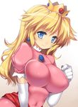  blonde_hair blue_eyes breasts brooch crown earrings elbow_gloves gloves impossible_clothes jewelry large_breasts long_hair mario_(series) nagase_haruhito navel princess princess_peach smile solo super_mario_bros. upper_body white_background white_gloves 