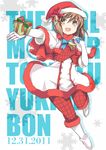  bell boots bow brown_eyes brown_hair hagiwara_yukiho hat idolmaster idolmaster_(classic) omega.ep one_eye_closed open_mouth pantyhose santa_costume santa_hat short_hair smile solo 