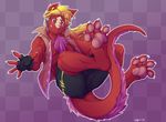  amber_eyes anthro blonde_hair blush chest_tuft claws clothed clothing cyber_zai dragon fingerless_gloves fur gloves hair hindpaw long_hair looking_at_viewer male nails pawpads paws pink_hair red red_body red_dragon reptile scalie shorts smile solo spikes tail toe_claws tuft vest 