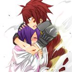  1girl aisha_(elsword) armor blood elsword elsword_(character) esu_(transc) hug purple_hair red_hair tears 