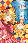  1girl alternate_costume argyle asagi_(seal47) bass_clef blonde_hair blue_eyes brother_and_sister dress flower hair_flower hair_ornament kagamine_len kagamine_rin rotational_symmetry short_hair siblings treble_clef twins vocaloid 