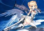  ass bare_shoulders breasts cleavage do_335 gun hexagon iron_cross mecha_musume military original parted_lips personification small_breasts solo thighhighs tiara weapon white_legwear wings world_war_ii zeco 