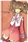  anise_tatlin brown_eyes brown_hair character_name coat heart pink_background short_hair skirt smile solo suzuna_(mark_of_luck) tales_of_(series) tales_of_the_abyss twintails 