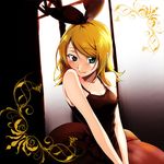  bad_id bad_pixiv_id bare_shoulders blonde_hair blue_eyes blush dress formal hirococo kagamine_rin lowres smile solo v_arms vocaloid 