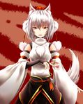  animal_ears card detached_sleeves fangs fingerless_gloves gloves hat highres inubashiri_momiji inyuppo open_mouth pom_pom_(clothes) red_eyes slit_pupils solo tail tokin_hat touhou white_hair wolf_ears wolf_tail 