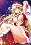  absurdres alleyne_(queen's_blade) back blonde_hair blue_eyes blush boots elbow_gloves elf gloves hat highres leaf_panties leaf_print long_hair night no_bra omega_2-d open_clothes outdoors panties pointy_ears print_panties queen's_blade santa_boots santa_hat shiny shiny_skin sitting snowing solo underwear 