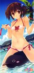  1girl absurdres bikini hair_bobbles hair_ornament highres long_image mitsumi_misato official_art solo stick_poster swimsuit tall_image to_heart to_heart_2 twintails yuzuhara_konomi 