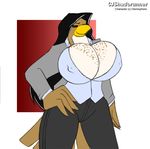  beak big_breasts bird breasts brown brown_eyes brown_feathers cjshadorunner cleavage clothed clothing eagle female hand_on_hip hood huge_breasts plain_background solo tail white_background 