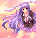  animal_ears bad_id bad_pixiv_id blush bunny_ears highres jacket kobanzame leaning_forward long_hair necktie petals purple_hair red_eyes red_neckwear red_sky reisen_udongein_inaba shirt skirt sky smile solo touhou 