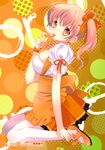  absurdres anna_miller artist_name blush breasts eating food fruit highres holding kneeling large_breasts orange orange_(color) orange_eyes orange_hair orange_skirt orange_slice original pantyhose side_ponytail skirt solo tokumi_yuiko translated waitress white_legwear 