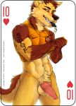  2019 abs animal_genitalia animal_penis anthro balls belly biceps bottomless brown_fur canid canine canine_penis canis card clothed clothing coach digital_media_(artwork) english_text erection fonyaa fur hair knot looking_at_viewer male mammal muscular muscular_male navel pecs penis playing_card red_eyes shirt simple_background smile solo standing teeth text whistle white_background wolf 