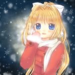  air blonde_hair blue_eyes coat hinokami_sakura kamio_misuzu long_hair mittens ponytail scarf snowflakes solo 
