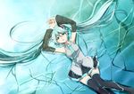  aqua_eyes aqua_hair arms_up bad_id bad_pixiv_id detached_sleeves hatsune_miku hirococo long_hair lying necktie skirt solo thighhighs twintails very_long_hair vocaloid water 