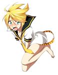 androgynous bad_id bad_pixiv_id barefoot blonde_hair blush bottomless face full_body green_eyes hirococo kagamine_len male_focus microphone solo vocaloid 