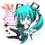  aqua_eyes aqua_hair birthday cake chibi detached_sleeves food hatsune_miku long_hair looking_at_viewer nigo open_mouth skirt smile solo sparkle thighhighs twintails vocaloid 