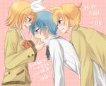  1girl 2boys bisexual blonde_hair blue_eyes blue_hair blush brother_and_sister clothed_sex female finger_in_mouth glasses group_sex hair_ornament hair_ribbon hairclip kagamine_len kagamine_rin kaito len_kagamine male multiple_boys project_diva project_diva_(series) ribbon rin_kagamine school_uniform sex short_ponytail siblings text threesome translation_request uniform vocaloid yaoi 