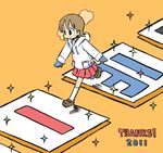  &gt;:) 2012 :&gt; aioi_yuuko arawi_keiichi black_eyes breath brown_hair english fireworks gloves hood hoodie jumping kneehighs mittens new_year nichijou official_art orange_background pleated_skirt shark simple_background skirt smile solo sparkle v-shaped_eyebrows walking white_legwear 