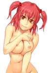  bad_id bad_pixiv_id breast_squeeze breasts groin hair_bobbles hair_ornament large_breasts navel nipples nude onozuka_komachi red_eyes red_hair simple_background solo touhou two_side_up yuuji_(and) 
