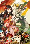  black_hair claws dragon eastern_dragon flower food hair_flower hair_ornament henachoko highres holding horns japanese_clothes kagami_mochi kimono long_hair looking_at_viewer maneki-neko nattou new_year obentou oriental_umbrella original red_eyes sharp_teeth shrimp smile solo sun teeth tongue umbrella yellow_eyes 