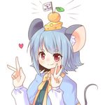  2012 akeome animal_ears bow capelet cheese food fruit happy_new_year kozakura_(dictionary) mandarin_orange mouse_ears mouse_tail nazrin new_year orange red_eyes short_hair smile solo tail touhou 