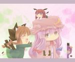  4girls :&lt; :d :o =_= ^_^ all_fours animal animal_ears animal_on_head bat_wings bird bird_on_head blush book bow braid brown_eyes cat_ears cat_tail chibi chibi_on_head closed_eyes commentary_request crescent demon_tail detached_wings dress dress_shirt extra_ears fang green_dress hair_bow hair_ribbon hat hazuki_ruu head_wings heart highres kaenbyou_rin koakuma komeiji_satori letterboxed long_hair long_sleeves mini_wings minigirl multiple_girls multiple_tails necktie o3o on_head open_mouth patchouli_knowledge peeking_out pink_dress pointy_ears purple_dress purple_hair red_hair reiuji_utsuho reiuji_utsuho_(bird) ribbon shirt skirt skirt_set smile tail third_eye touhou twin_braids vest wide_face wings 