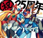  3boys android anniversary axl blonde_hair blue_eyes blush brown_hair capcom commentary_request gloves green_eyes hand_on_hip helmet iroyopon leg_up long_hair male_focus multiple_boys one_eye_closed open_mouth ponytail rockman rockman_x smile spiked_hair text_focus tongue tongue_out v very_long_hair white_background white_gloves x_(rockman) zero_(rockman) 