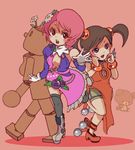  alisa_boskonovich android bad_id bad_pixiv_id boots brown_hair center_opening chibi china_dress chinese_clothes dress flower gloves hair_bobbles hair_flower hair_ornament ling_xiaoyu mokujin_(tekken) multiple_girls pink_hair short_twintails shorts stuffed_animal stuffed_toy teddy_bear tekken thighhighs twintails 