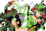  animal_costume bare_shoulders boots breasts claws cleavage dragon dragon_costume green_hair green_panties hand_on_own_knee jacket medium_breasts one_eye_closed open_clothes open_jacket original panties short_hair smile solo striped striped_legwear tail thighhighs underwear yellow_eyes yuuzii 