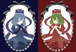  aeromonas alternate_costume alternate_hairstyle blue_dress blue_hair blush bow closed_eyes comparison dress dual_persona flat_color frame frills front_ponytail green_hair hair_bow hair_ornament hair_ribbon hands_on_own_chest kagiyama_hina kuma-hina long_hair multiple_girls no_lineart red_dress ribbon smile striped striped_background touhou 
