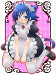  ahoge alternate_costume animal_ears blue_eyes blue_hair blush cardfight!!_vanguard cat_ears cat_tail crossdressing dress enmaided full_body kurenai_(h_apocalypse) maid maid_headdress male_focus open_mouth otoko_no_ko sendou_aichi solo tail thighhighs white_legwear zettai_ryouiki 