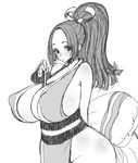  1girl between_breasts breasts curvy fan female gigantic_breasts hips huge_breasts japanese_clothes king_of_fighters long_hair monochrome nipples no_bra no_panties poin_(hidsuki) poin_(pixiv) ponytail puffy_nipples shiranui_mai sideboob simple_background snk solo standing wide_hips 