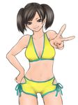  bikini black_hair breasts hand_on_hip ise_(0425) ling_xiaoyu medium_breasts midriff short_twintails side-tie_bikini smile solo swimsuit tekken twintails v yellow_bikini 