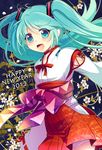  2012 :d aqua_eyes aqua_hair bad_id bad_pixiv_id detached_sleeves hakama hakama_skirt hatsune_miku japanese_clothes long_hair miko miyu_(matsunohara) open_mouth project_diva project_diva_(series) red_hakama smile solo twintails vocaloid 