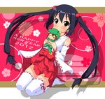  2girls animal_costume black_hair blush brown_eyes chibi detached_sleeves dragon dragon_costume hair_bobbles hair_ornament hakama_skirt happy_new_year highres hirasawa_yui japanese_clothes k-on! k10k long_hair miko minigirl multiple_girls nakano_azusa new_year ribbon-trimmed_legwear ribbon_trim skirt smile thighhighs twintails white_legwear wide_sleeves 