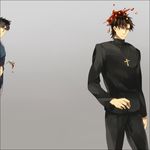  amakura_(am_as) black_hair brown_hair cross emiya_kiritsugu facial_hair fate/stay_night fate/zero fate_(series) food grey_background jewelry kotomine_kirei male_focus mapo_doufu multiple_boys necklace simple_background stubble 