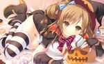  2012 bow breasts brown_eyes brown_hair candy candy_cane chocolate chocolate_bar dated doughnut fingerless_gloves food gloves haruhino_misaki hat highres hotchkiss jack-o'-lantern large_breasts lollipop marshmallow smile solo striped striped_legwear takei_ooki thighhighs translated wallpaper witch_hat 