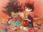  animal black_cat bow brown_hair candy candy_cane cat christmas christmas_tree extra family food gift grey_eyes hair_bow jiji_(majo_no_takkyuubin) kiki kitten kneeling lily_(majo_no_takkyuubin) majo_no_takkyuubin merry_christmas red_background saya_(mychristian2) scarf shoes short_hair sitting smile snow_globe snowflakes white_cat 
