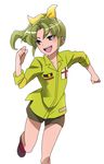  androgynous bad_id bad_pixiv_id cosplay english_flag green_hair green_shirt hair_ribbon hikage_sumihito inazuma_eleven inazuma_eleven_(series) long_hair look-alike male_focus midorikawa_nao midorikawa_nao_(cosplay) midorikawa_ryuuji namesake open_mouth otoko_no_ko ponytail precure ribbon shirt smile_precure! solo white_background 