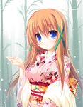  aquarian_age blue_eyes blush breasts brown_hair floral_print hair_ornament japanese_clothes kimono large_breasts long_hair looking_at_viewer mikagami_mamizu nature nozomi_yuuki obi sash smile snow snowing solo upper_body 