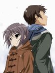  1girl back-to-back banned_artist brown_eyes brown_hair expressionless hood hoodie jacket kyon moritan nagato_yuki profile purple_hair scarf short_hair smile snow snowing suzumiya_haruhi_no_shoushitsu suzumiya_haruhi_no_yuuutsu upper_body 