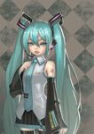  aqua_eyes aqua_hair aro_(charged_time_out) bad_id bad_pixiv_id bare_shoulders checkered checkered_background colored_eyelashes detached_sleeves eyelashes hatsune_miku headphones headset long_hair necktie shiny shiny_clothes skirt solo thighhighs twintails very_long_hair vocaloid 
