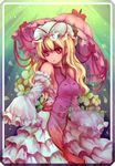  absurdres bad_id bad_pixiv_id bare_shoulders blonde_hair breasts brown_eyes detached_sleeves dress flower hat highres large_breasts long_hair parasol pinus_(pixiv) sideboob solo touhou umbrella yakumo_yukari 