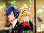  2boys aegis_(persona) android bad_id bad_pixiv_id black_hair blonde_hair blue_eyes blue_hair bow hair_over_one_eye megami_tensei mochizuki_ryouji multiple_boys persona persona_3 school_uniform suspenders yuuki_makoto 