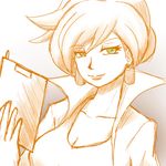  araragi_(pokemon) artist_request clipboard earrings green_eyes jewelry labcoat monochrome pokemon pokemon_(game) pokemon_bw sepia smile solo 