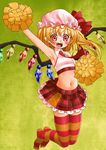  armpits bad_id bad_pixiv_id blonde_hair blush cheerleader fangs flandre_scarlet hat highres midriff multicolored multicolored_clothes multicolored_legwear navel necktie pointy_ears pom_poms ponytail red_eyes short_hair side_ponytail solo striped striped_legwear tanaka_ahiru thighhighs touhou wings zettai_ryouiki 