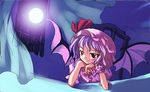  alphes bat_wings blue_hair chin_rest curtains full_moon hat hat_ribbon immaterial_and_missing_power jpeg_artifacts moon night red_eyes remilia_scarlet ribbon short_hair smile solo touhou window wings wrist_cuffs 